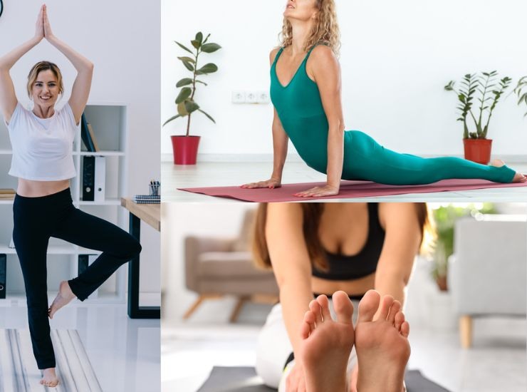 Collage di tre posizioni yoga 